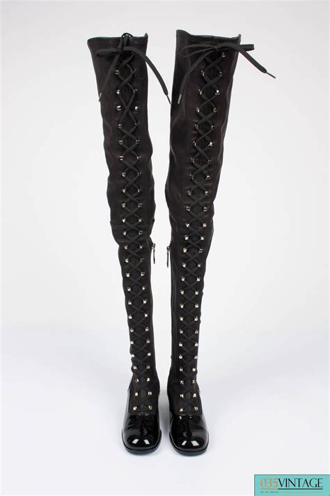 chanel thigh high boots 876-2|Chanel black canvas heel boots.